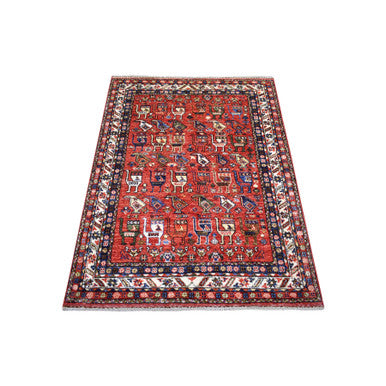 Tribal & Geometric Wool Hand Knotted Rug Red Ivory 3.7X4.9 -O070780