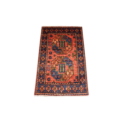 Tribal & Geometric Wool Hand Knotted Rug Red Navy Blue 2.1X3.5 -O070803
