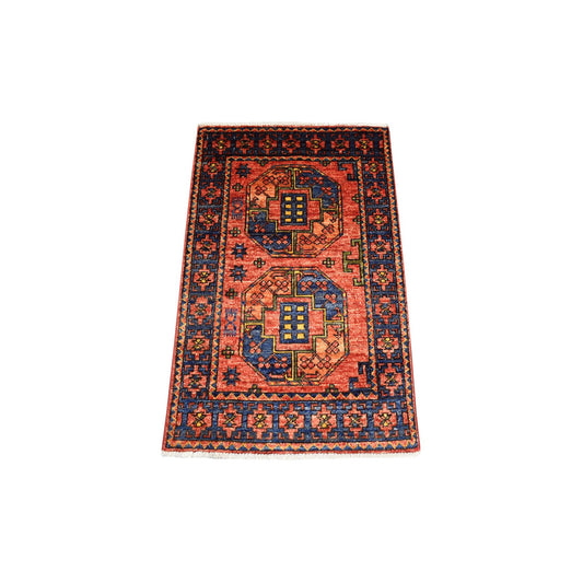 Tribal & Geometric Wool Hand Knotted Rug Red Navy Blue 2.1X3.5 -O070803