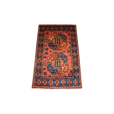 Tribal & Geometric Wool Hand Knotted Rug Red Navy Blue 2.1X3.5 -O070803