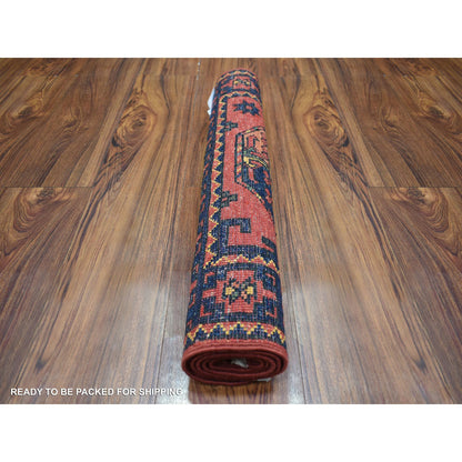 Tribal & Geometric Wool Hand Knotted Rug Red Navy Blue 2.1X3.5 -O070803