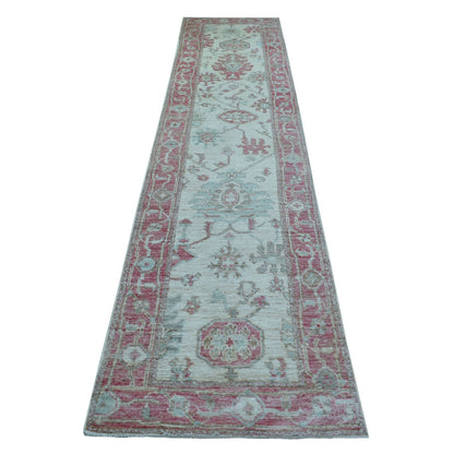 Oushak And Peshawar Wool Hand Knotted Rug Ivory Red 2.9X12.3 -O070890