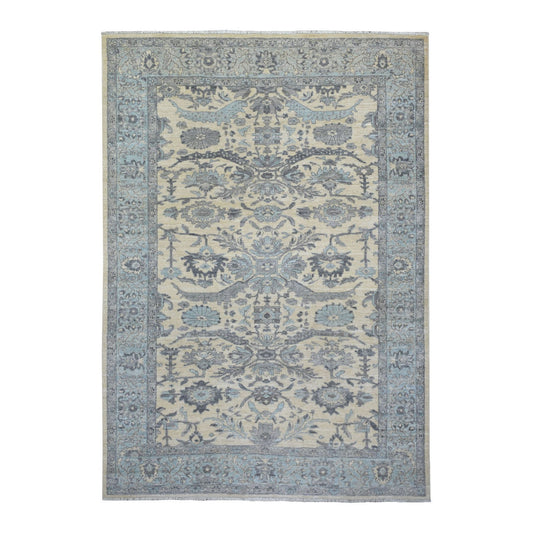 Oushak And Peshawar Wool Hand Knotted Rug Ivory Blue 6.2X8.9 -O070943