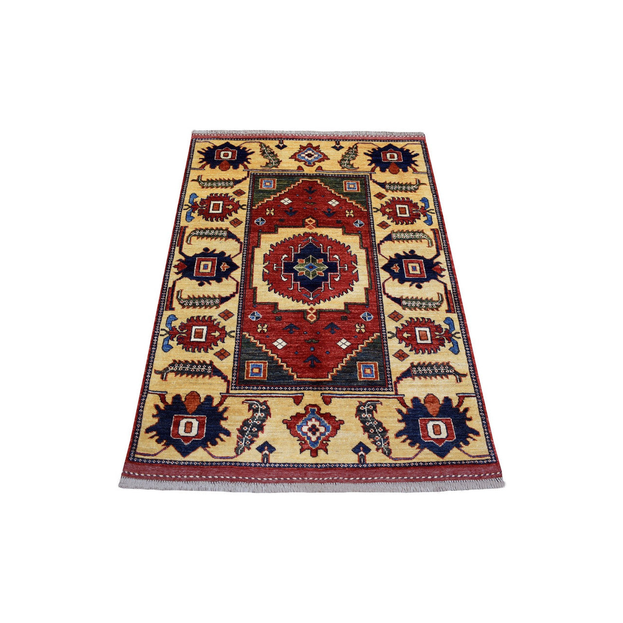 Tribal & Geometric Wool Hand Knotted Rug Red Ivory 3.5X4.8 -O070984