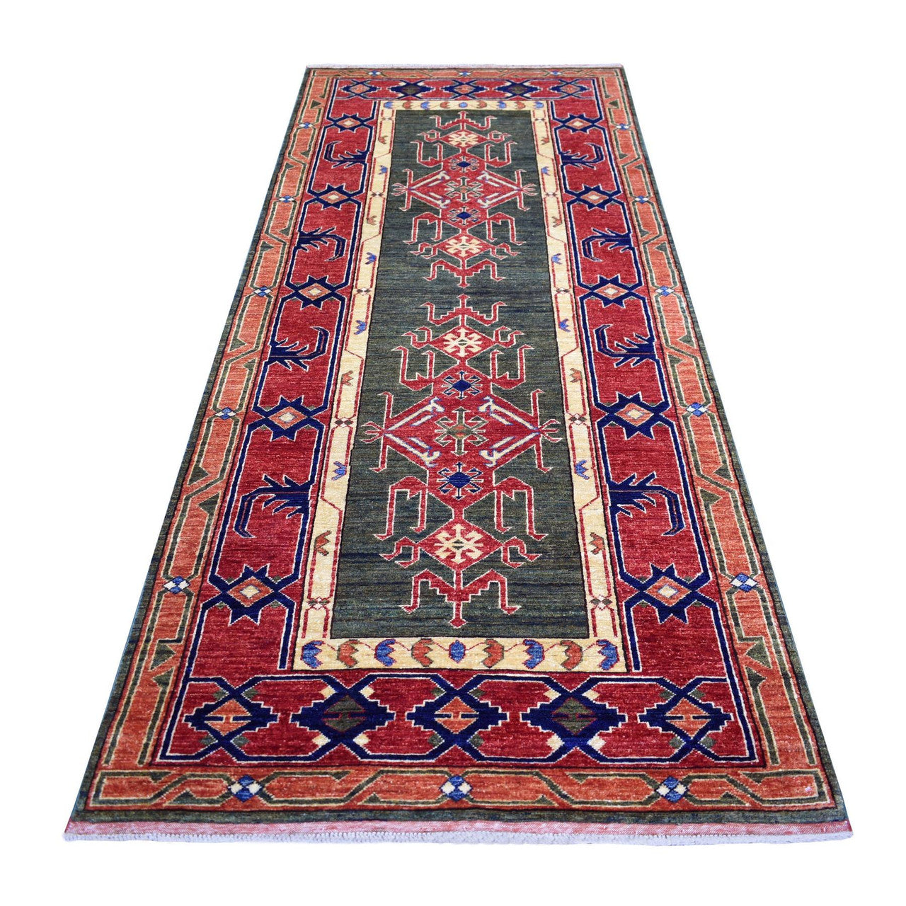 Green 4'0" x 9'8" Tribal & Geometric Tomato Hand knotted Wool Rug - Sku: O070993