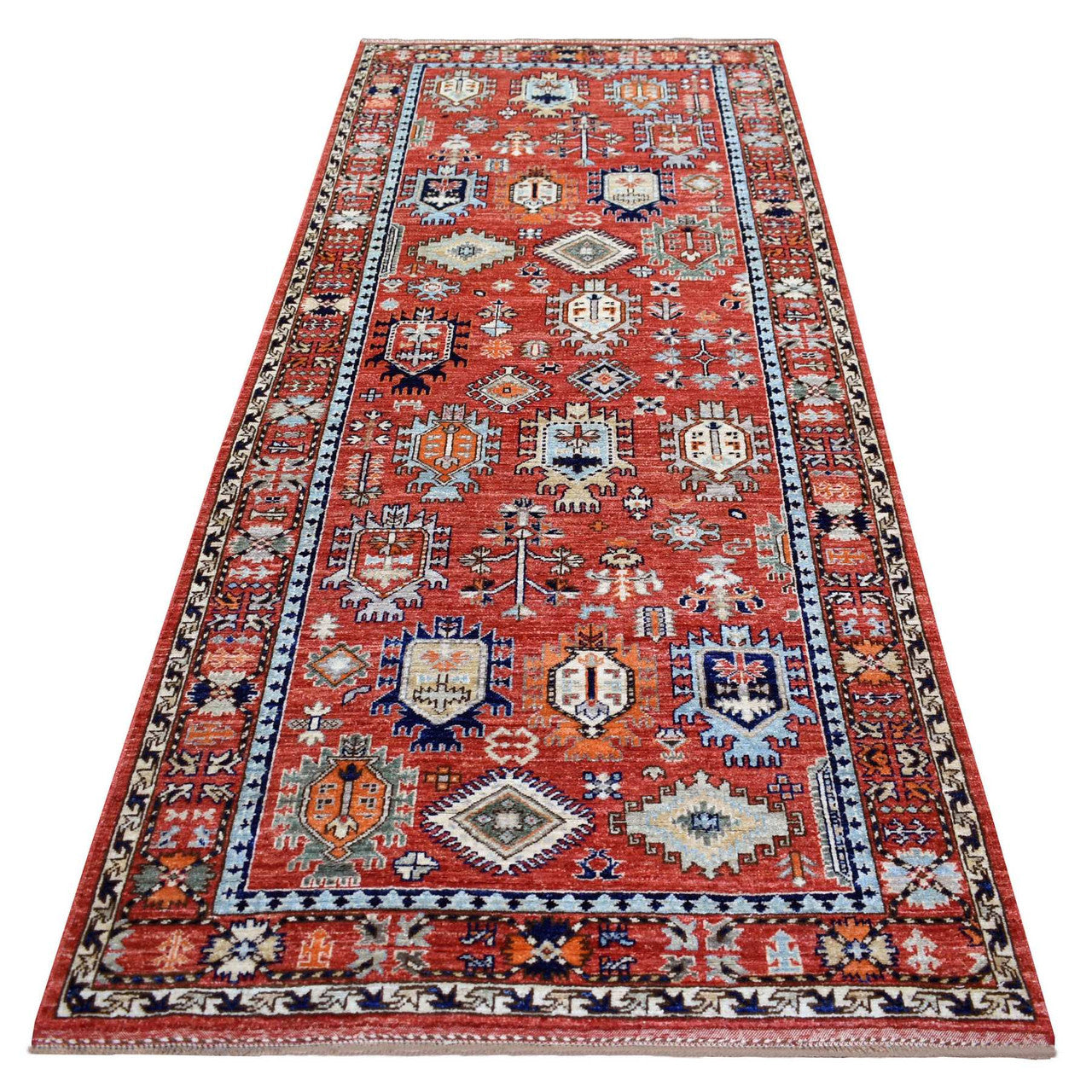 Red 4'0" x 9'7" Tribal & Geometric Hand knotted Wool Rug - Sku: O070994