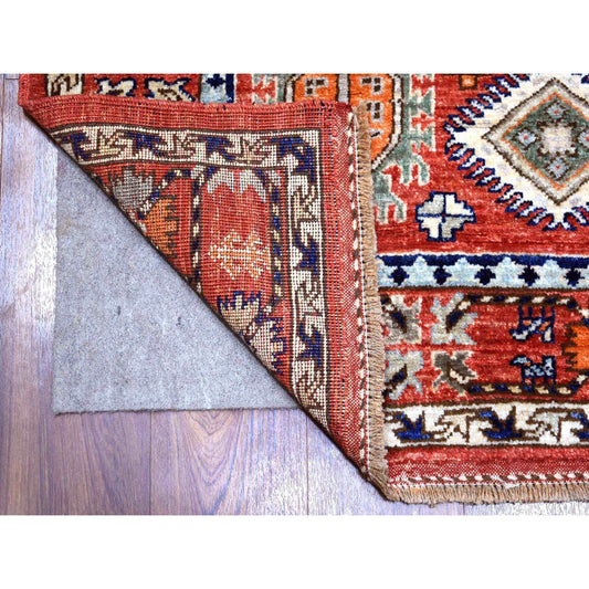 Tribal & Geometric Wool Hand Knotted Rug Red Coral Red 4.0X9.7 -O070994