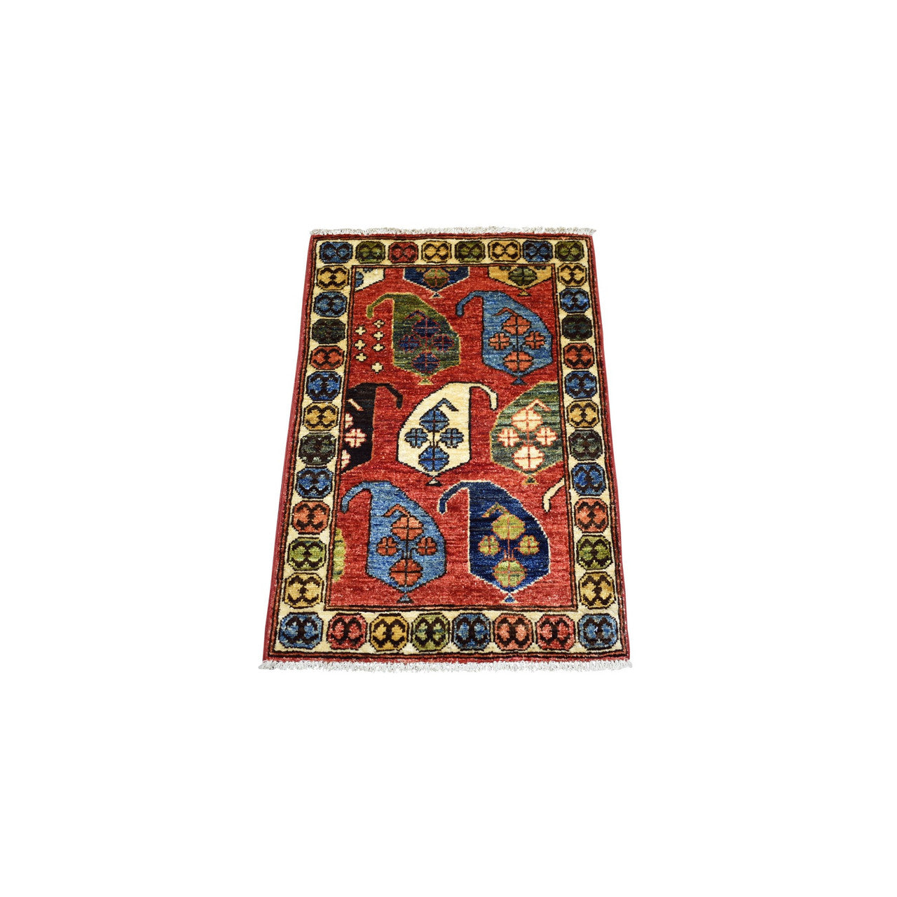 Red 1'10" x 3'0" Tribal & Geometric Hand knotted Wool Rug - Sku: O071048