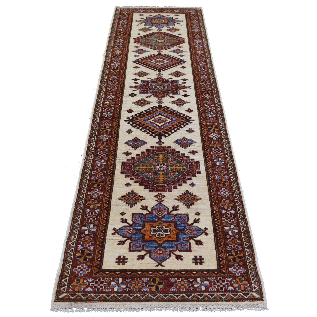 Ivory 2'8" x 9'4" Kazak Hand knotted Wool Rug - Sku: O071217