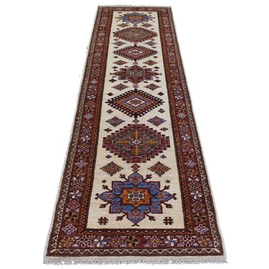 Kazak Wool Hand Knotted Rug Ivory Coral Red 2.8X9.4 -O071217