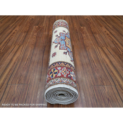 Kazak Wool Hand Knotted Rug Ivory Coral Red 2.8X9.4 -O071217