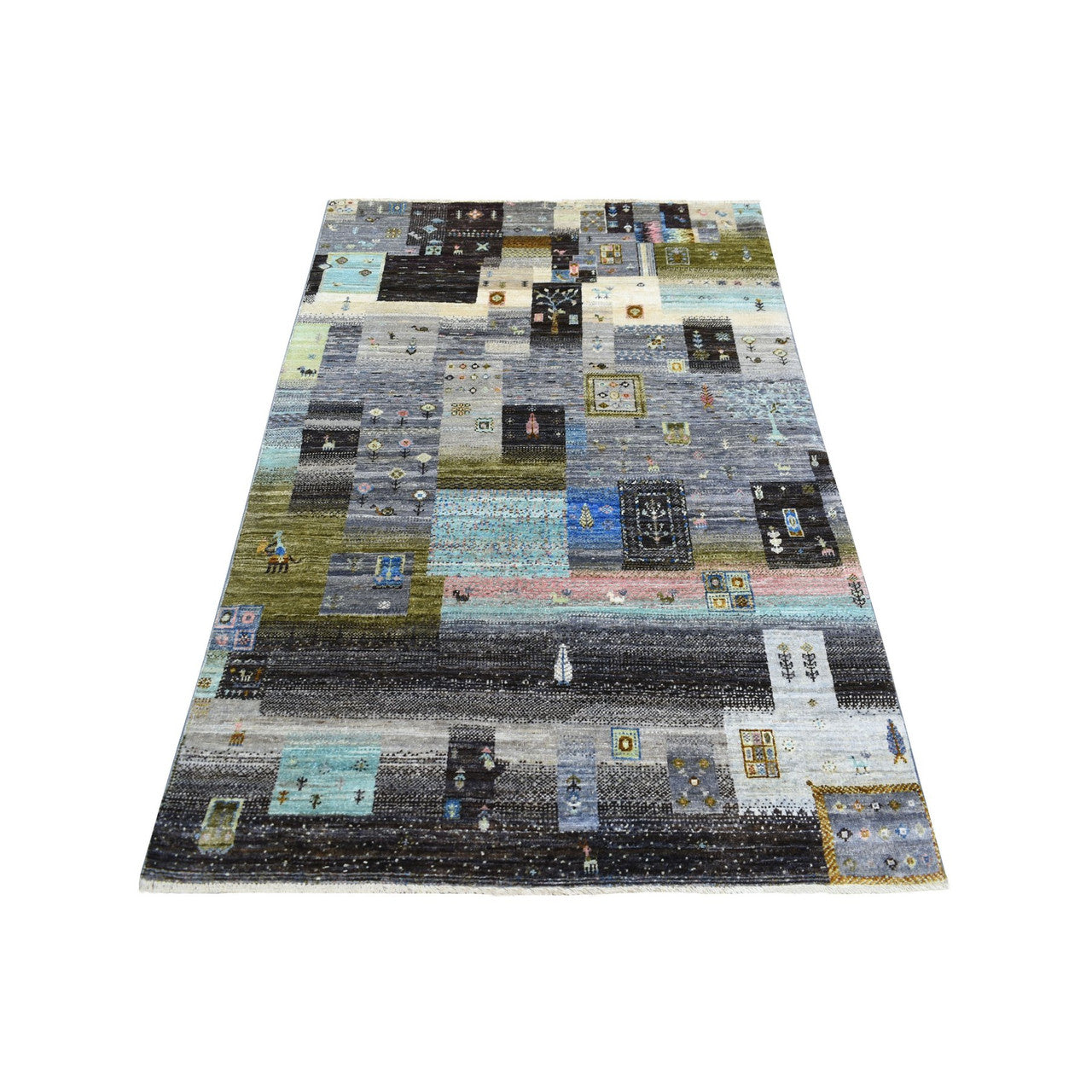 Tribal & Geometric Wool Hand Knotted Rug Grey No Border 4.0X5.10 -O071253