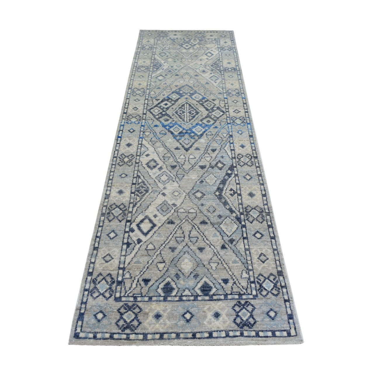 Gray 2'9" x 9'4" Tribal & Geometric Hand knotted Wool Rug - Sku: O071282