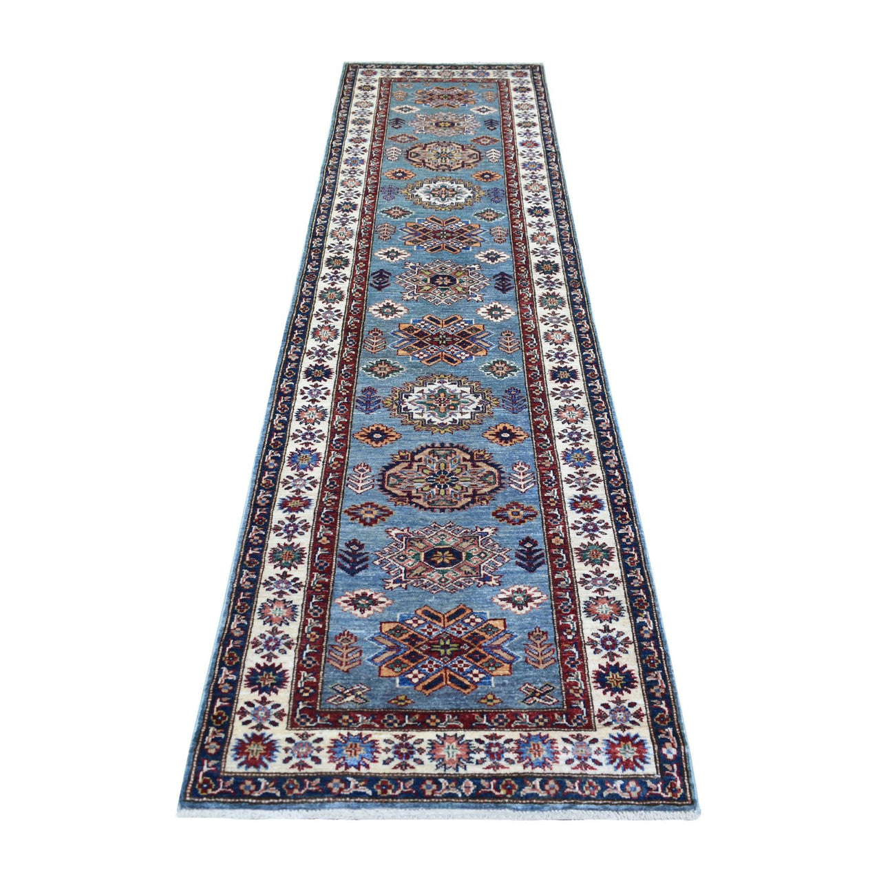 Blue 2'7" x 9'10" Kazak Hand knotted Wool Rug - Sku: O071291