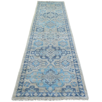 Oushak And Peshawar Wool Hand Knotted Rug Grey Navy Blue 3.1X11.9 -O071329