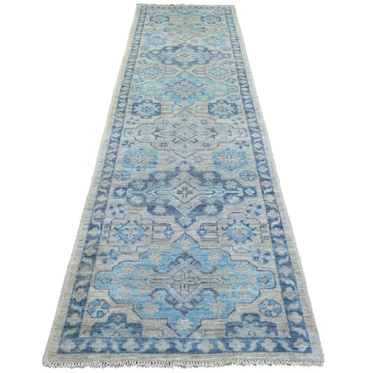 Oushak And Peshawar Wool Hand Knotted Rug Grey Navy Blue 3.1X11.9 -O071329