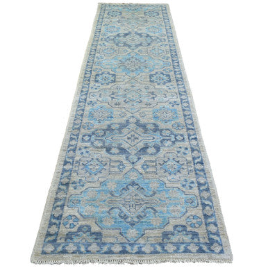Oushak And Peshawar Wool Hand Knotted Rug Grey Navy Blue 3.1X11.9 -O071329