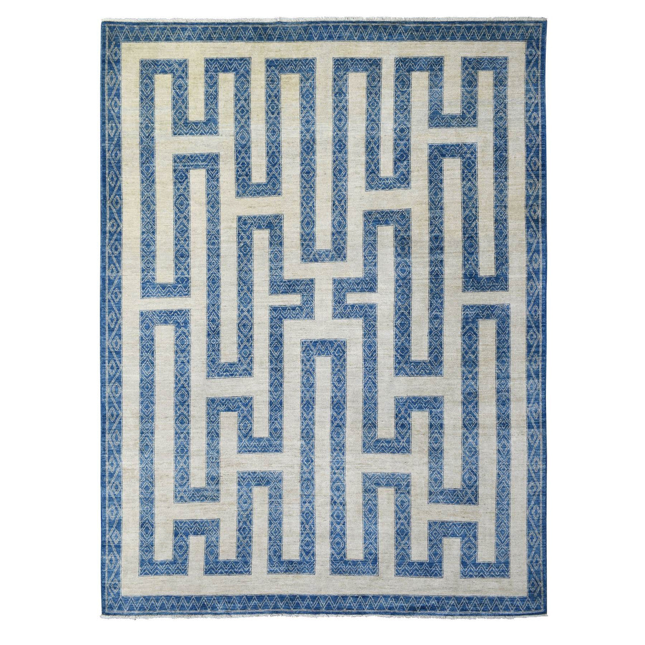 Blue 9'2" x 11'9" Oushak And Peshawar Denim Hand knotted Wool Rug - Sku: O071348