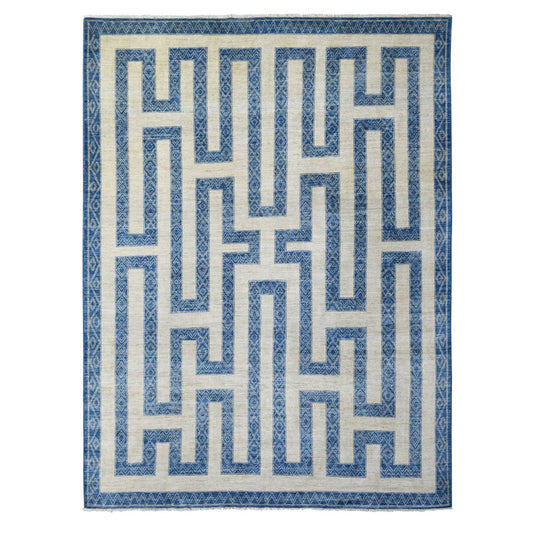 Oushak And Peshawar Wool Hand Knotted Rug Blue Denim Blue 9.2X11.9 -O071348