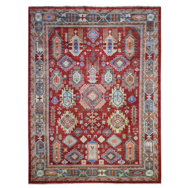 Tribal & Geometric Wool Hand Knotted Rug Red Gray 9.0X12.0 -O071364
