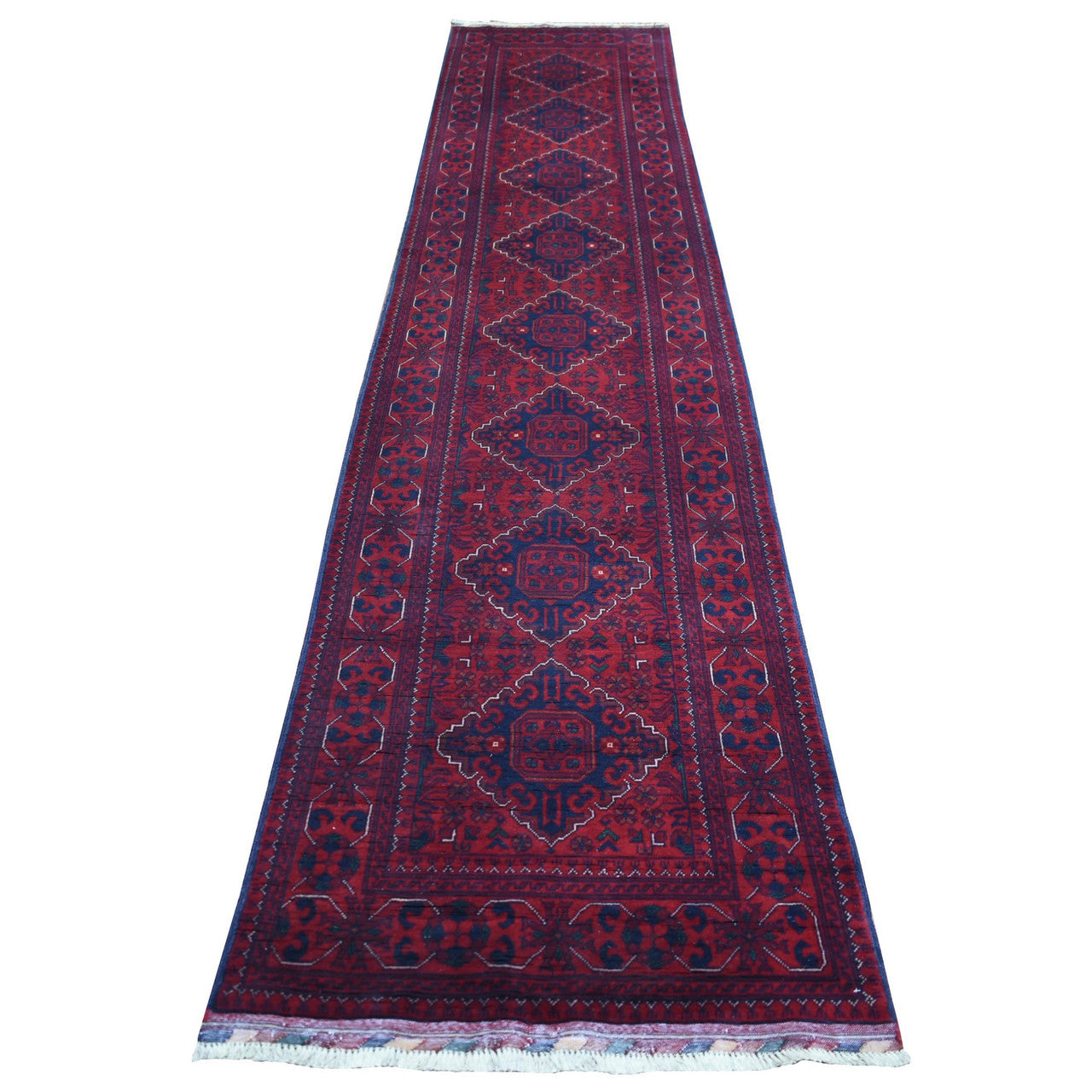 Red 2'7" x 13'0" Tribal & Geometric Hand knotted Wool Rug - Sku: O071372