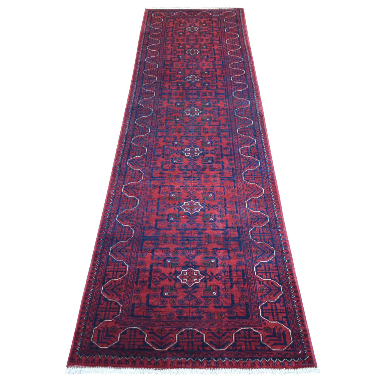Red 2'7" x 9'7" Tribal & Geometric Hand knotted Wool Rug - Sku: O071373