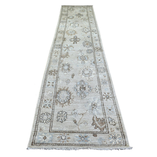Oushak And Peshawar Wool Hand Knotted Rug Grey Gray 2.10X13.9 -O071499