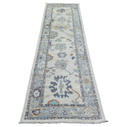 Oushak And Peshawar Wool Hand Knotted Rug Ivory Light Blue 2.7X9.8 -O071507
