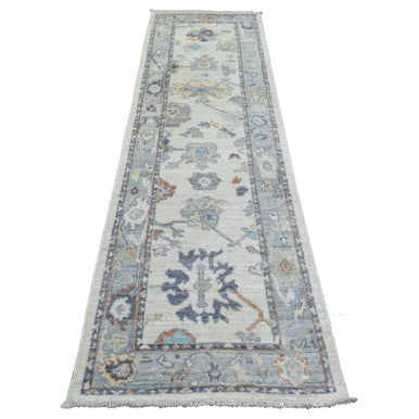 Oushak And Peshawar Wool Hand Knotted Rug Ivory Light Blue 2.7X9.8 -O071507