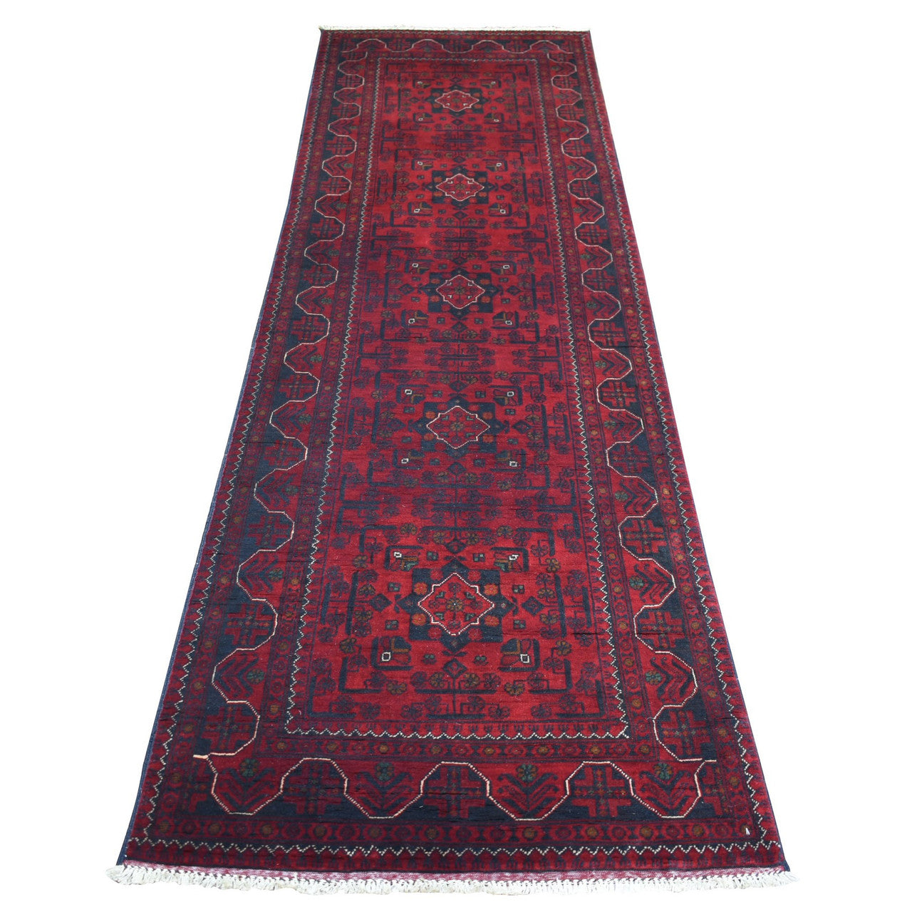 Red 3'0" x 9'6" Tribal & Geometric Hand knotted Wool Rug - Sku: O071541