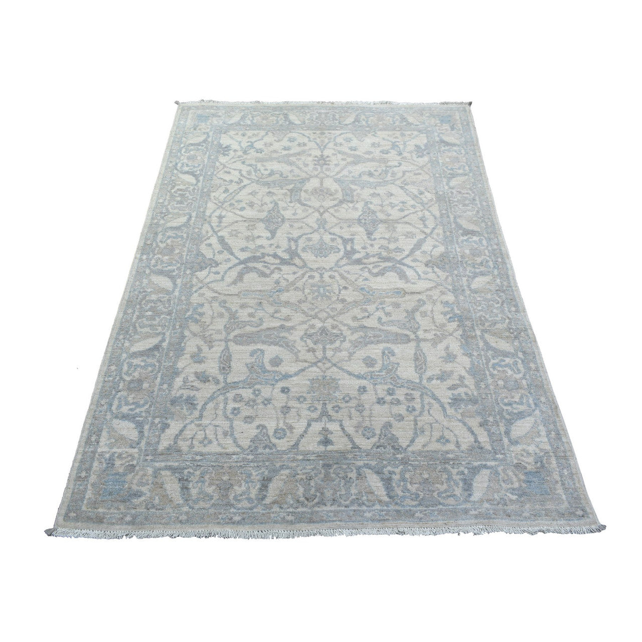Oushak And Peshawar Wool Hand Knotted Rug Ivory Light Gray 3.9X6.0 -O071566