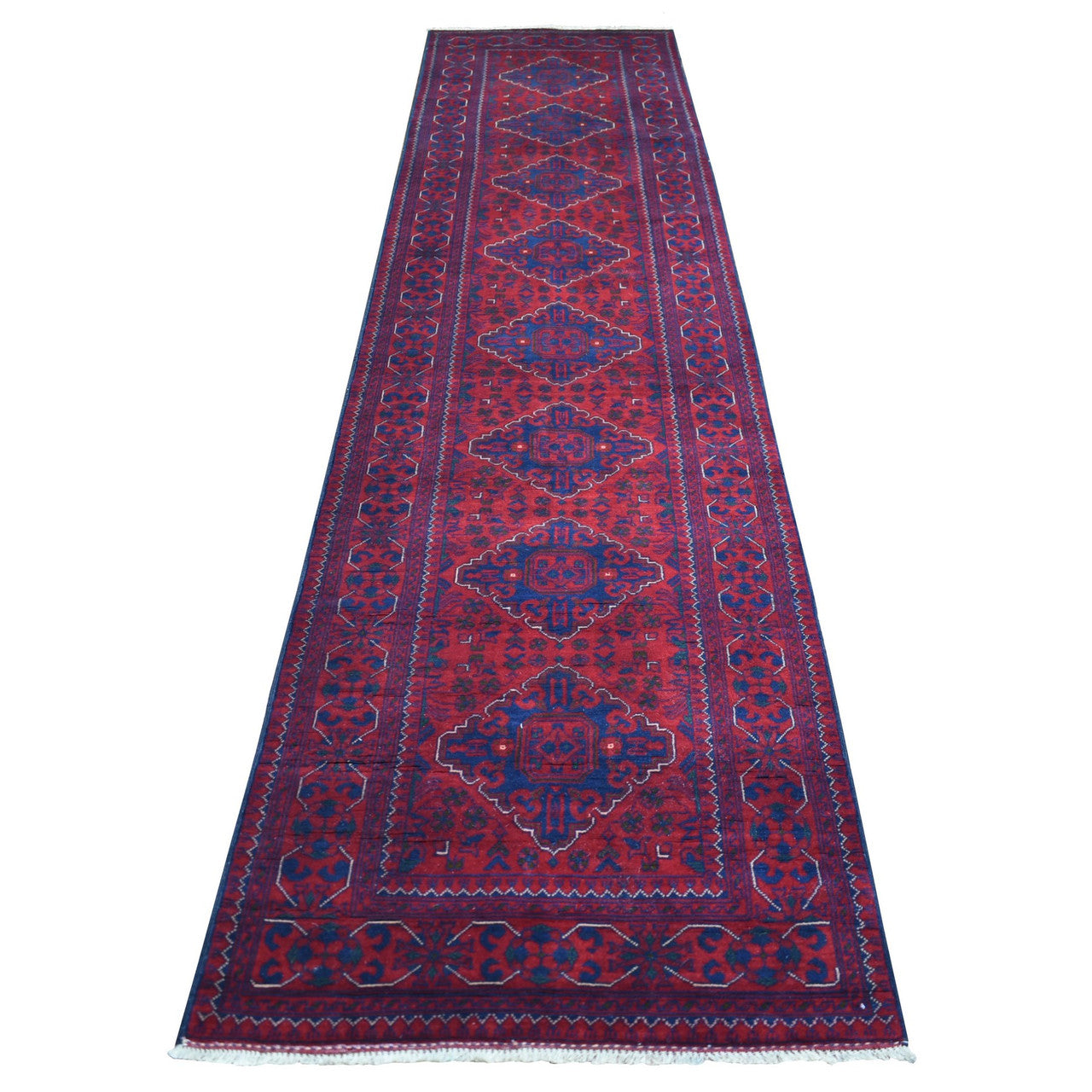 Red 2'9" x 12'5" Tribal & Geometric Hand knotted Wool Rug - Sku: O071568