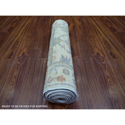 Oushak And Peshawar Wool Hand Knotted Rug Ivory 2.8x11.8 -O071631