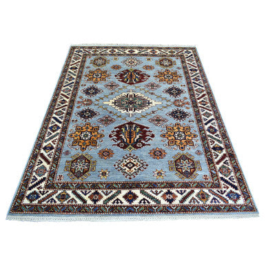 Kazak Wool Hand Knotted Rug Blue Ivory 5.0X6.8 -O071684