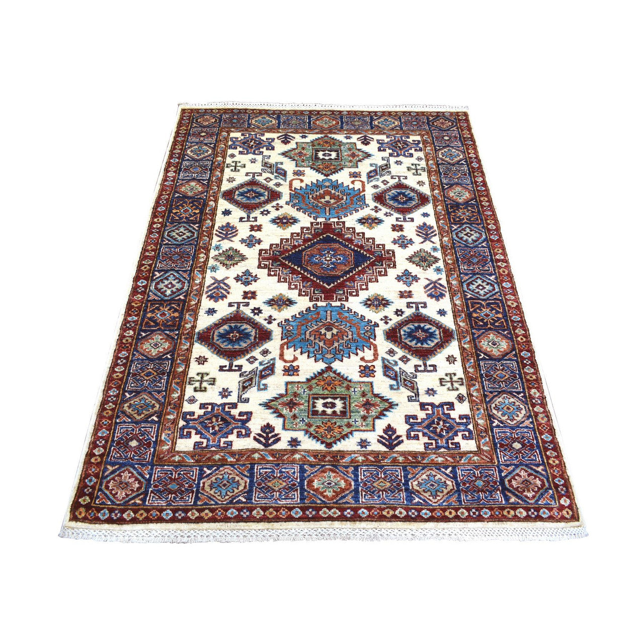 Kazak Wool Hand Knotted Rug Ivory Blue 4.1X5.8 -O071687