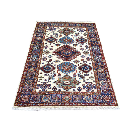 Kazak Wool Hand Knotted Rug Ivory Blue 4.1X5.8 -O071687