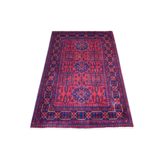 Tribal & Geometric Wool Hand Knotted Rug Red Navy Blue 3.4X5.0 -O071692