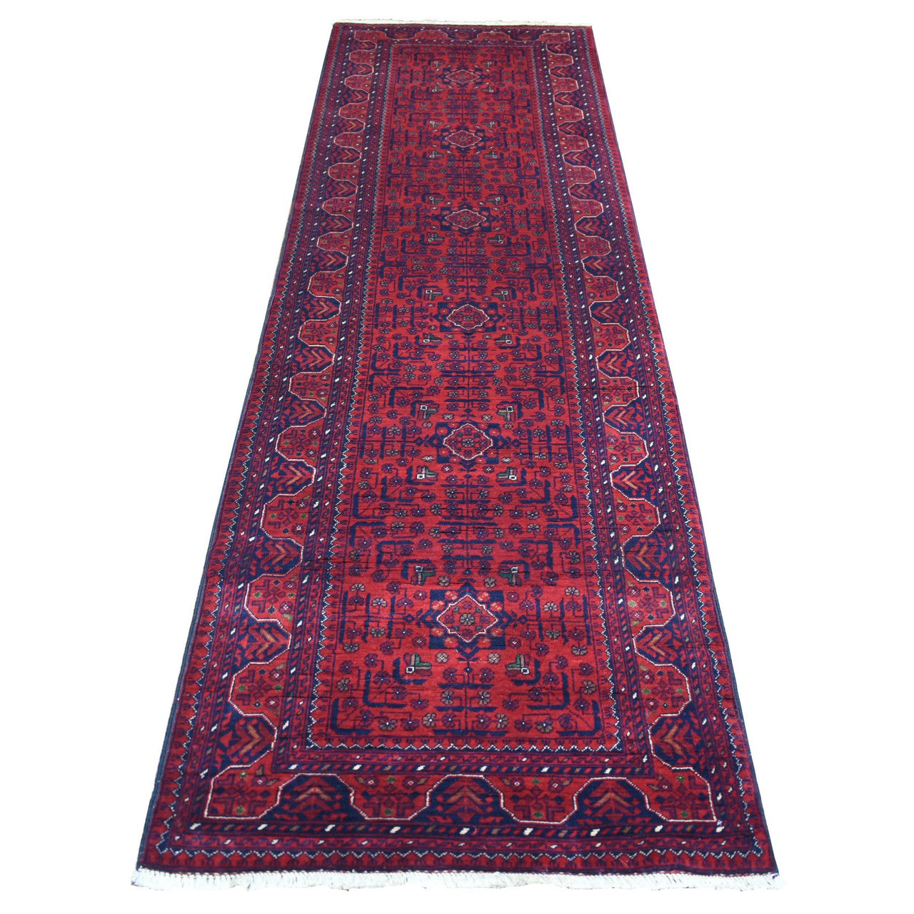 Red 2'10" x 9'9" Tribal & Geometric Hand knotted Wool Rug - Sku: O071698