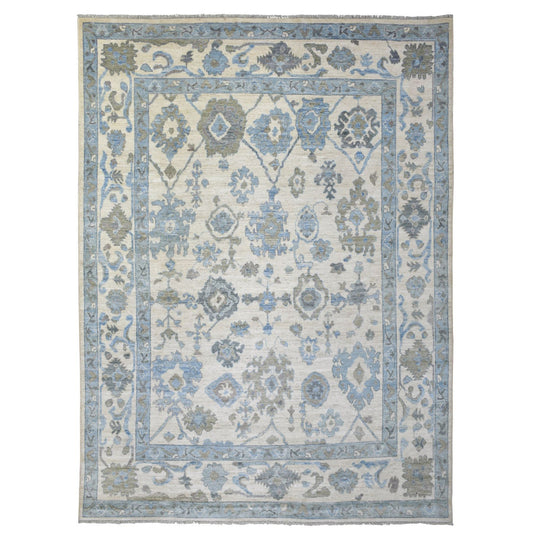 Oushak And Peshawar Wool Hand Knotted Rug Ivory Blue 8.10X11.8 -O071711