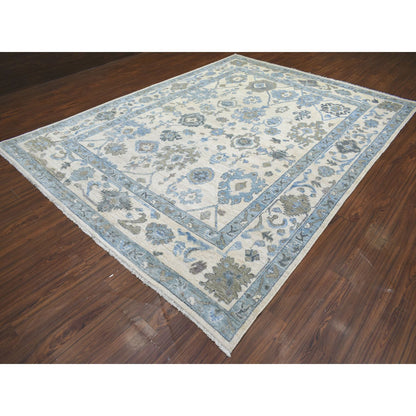 Oushak And Peshawar Wool Hand Knotted Rug Ivory Blue 8.10X11.8 -O071711