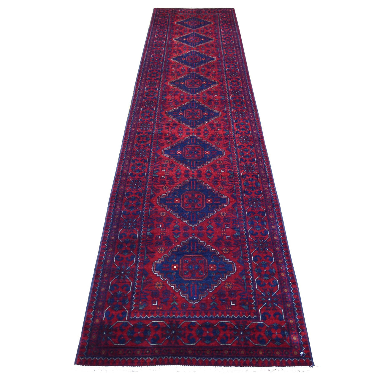 Red 2'8" x 12'6" Tribal & Geometric Hand knotted Wool Rug - Sku: O071814