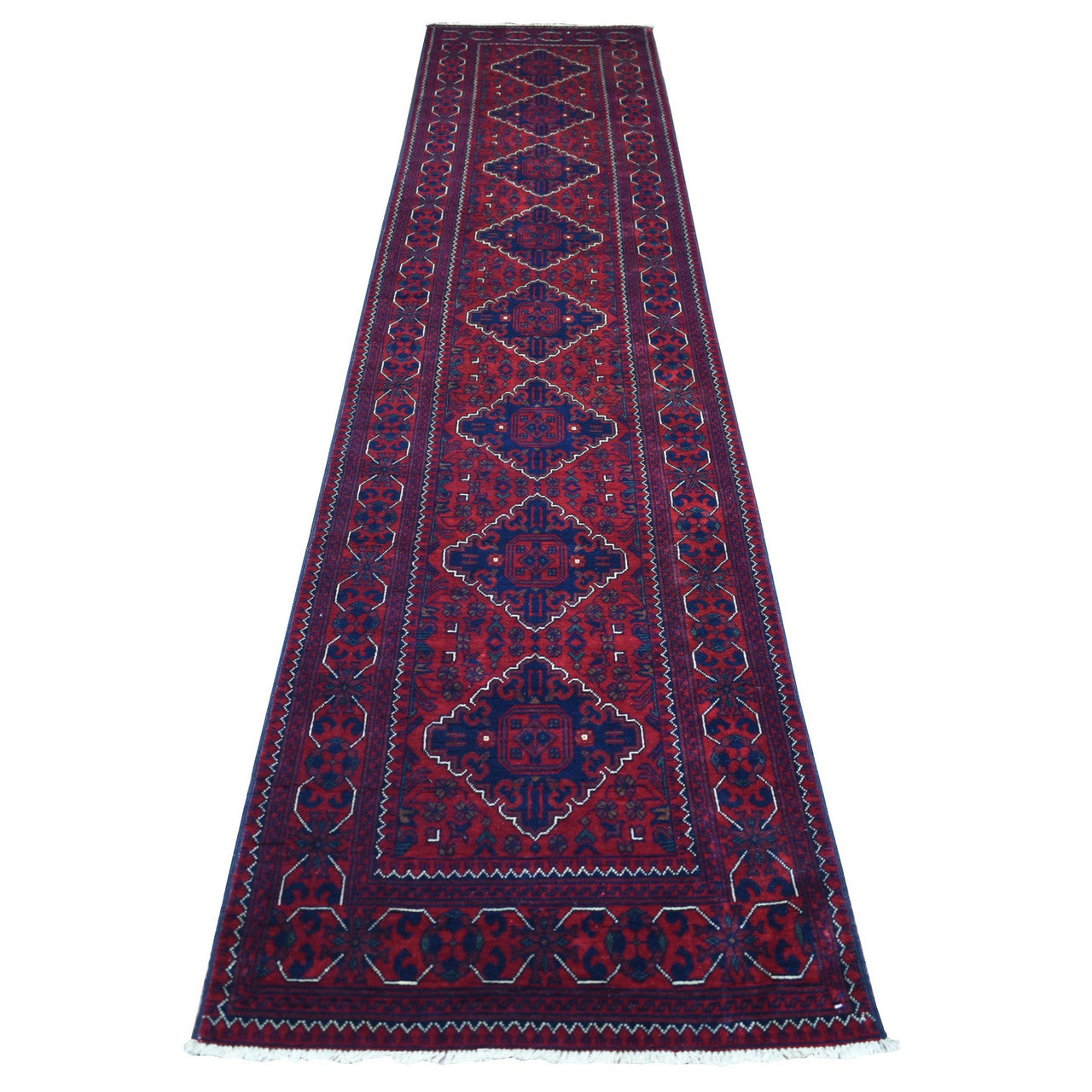 Red 2'7" x 13'0" Tribal & Geometric Hand knotted Wool Rug - Sku: O071823