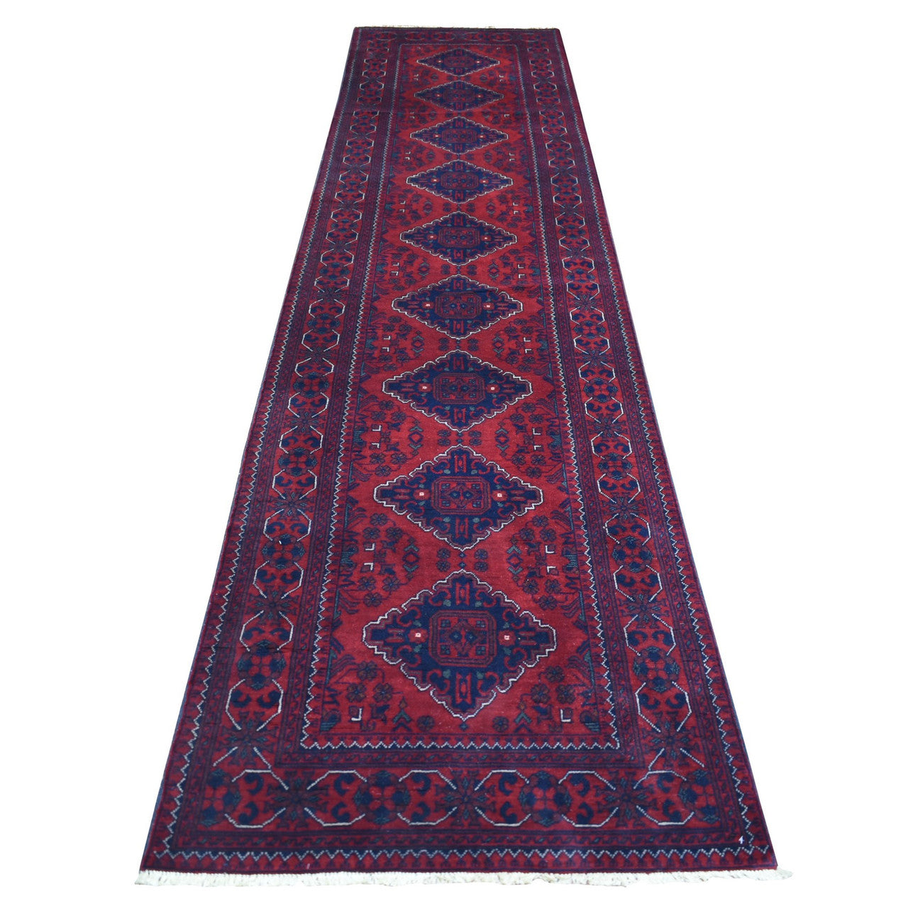 Red 3'0" x 12'8" Tribal & Geometric Hand knotted Wool Rug - Sku: O071825