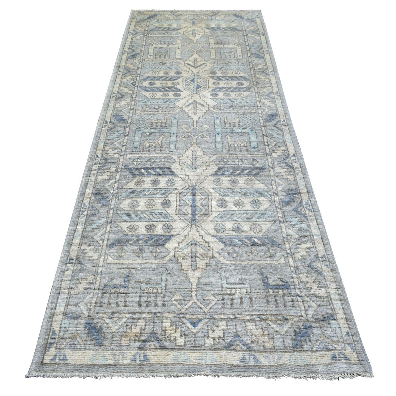 Gray 4'0" x 10'0" Tribal & Geometric Light Hand knotted Wool Rug - Sku: O071871