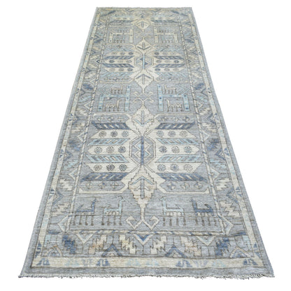 Tribal & Geometric Wool Hand Knotted Rug Grey Light Gray 4.0X10.0 -O071871