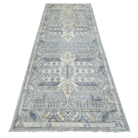 Tribal & Geometric Wool Hand Knotted Rug Grey Light Gray 4.0X10.0 -O071871