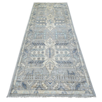 Tribal & Geometric Wool Hand Knotted Rug Grey Light Gray 4.0X10.0 -O071871
