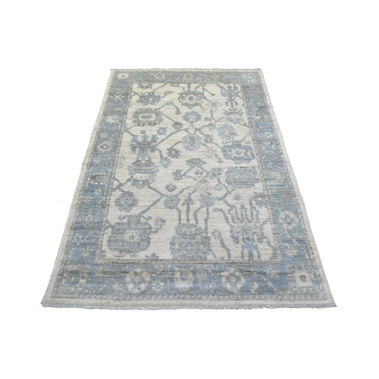Oushak And Peshawar Wool Hand Knotted Rug Ivory Blue 4.1X6.1 -O071875