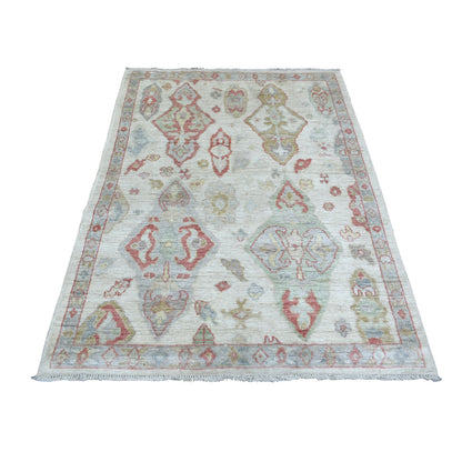 Oushak And Peshawar Wool Hand Knotted Rug Ivory Blue 4.2X5.7 -O071877