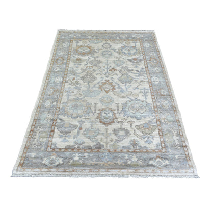 Oushak And Peshawar Wool Hand Knotted Rug Ivory Gray 4.0X5.10 -O071879